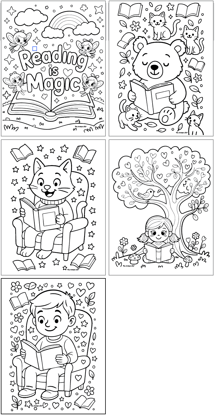five reading themed coloring pages including a bear reading, a cat reading, a girl reading under a tree, a boy sitting in a chair reading, and a page with the text "reading is magical"