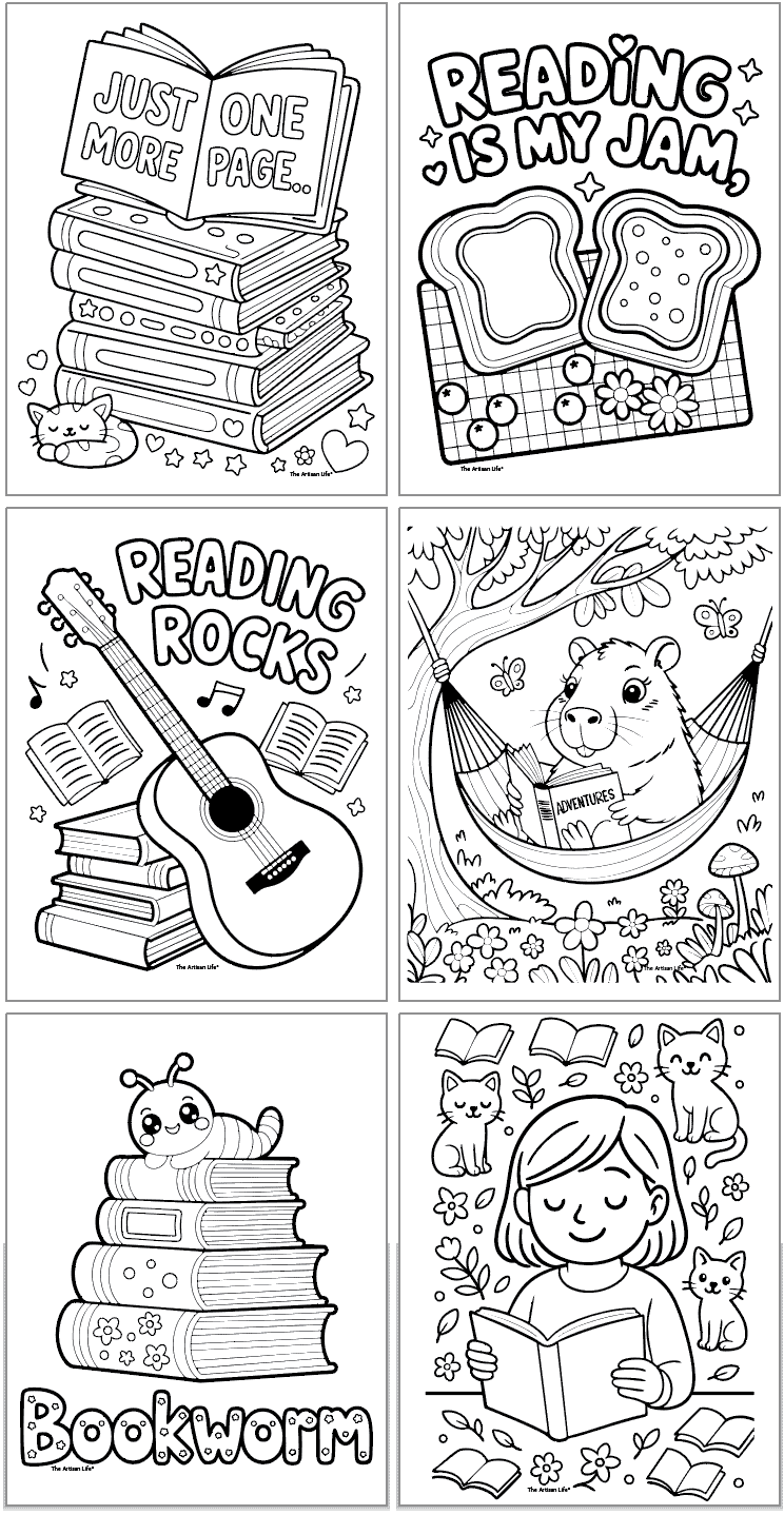 six reading themed coloring pages, including a page with the text "just one more page...", "reading is my jam," "reading rocks," a capybara reading, a bookworm, and a girl reading a book