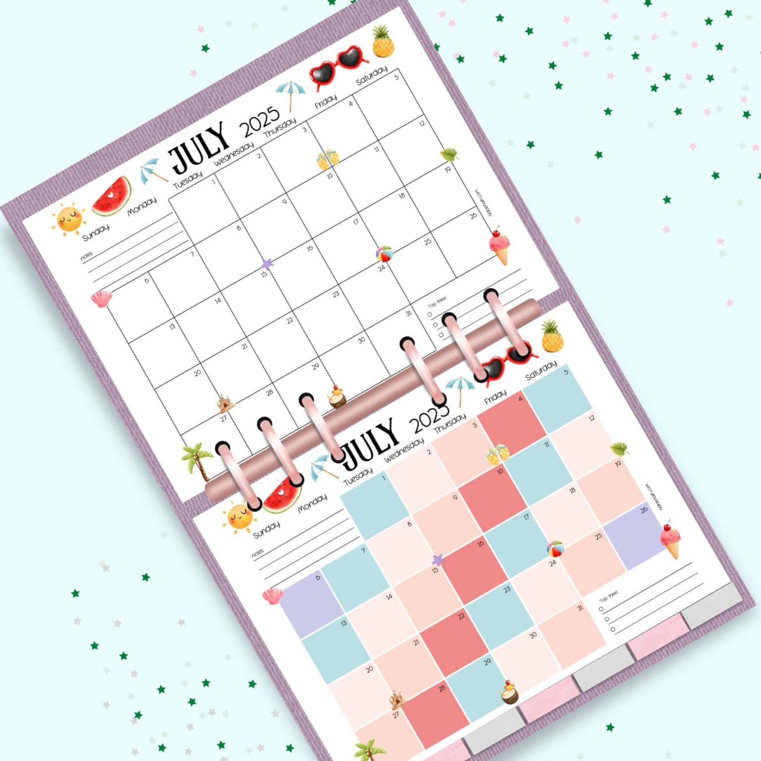 Two July 2025 calendar pages in a planner