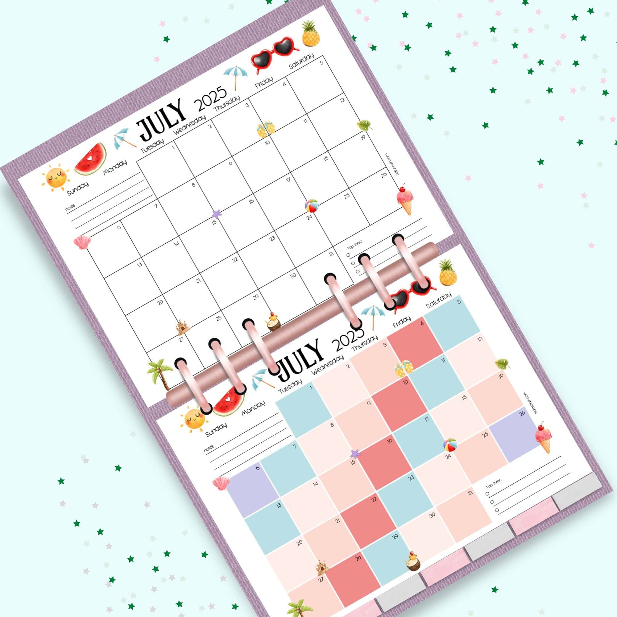 Two July 2025 calendar pages in a planner