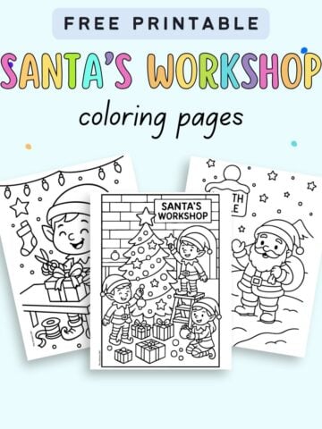 A collection of three free printable Christmas coloring pages featuring scenes from Santa's workshop, including elves and Santa Claus, designed for Christmas coloring activities.