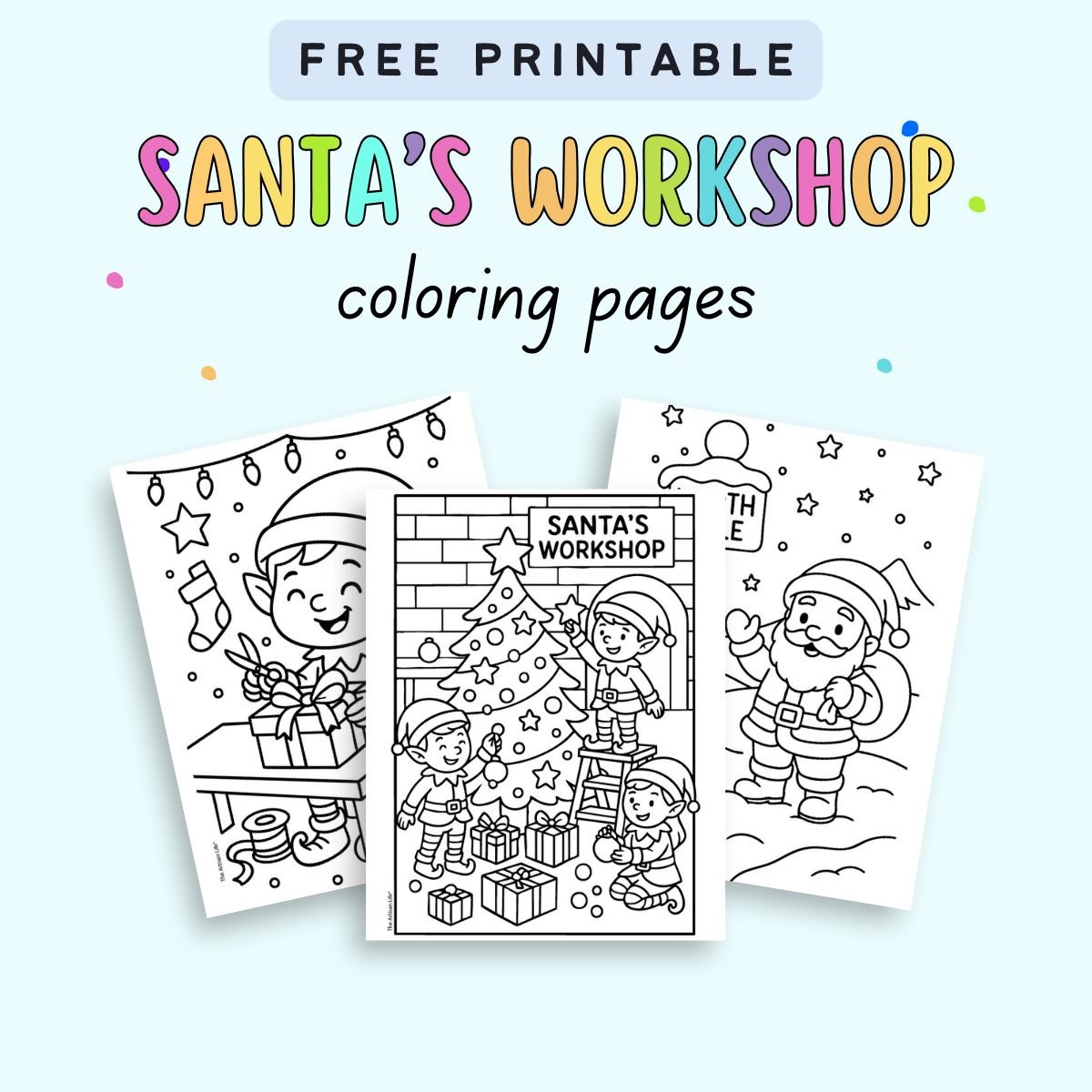 A collection of three free printable Christmas coloring pages featuring scenes from Santa's workshop, including elves and Santa Claus, designed for Christmas coloring activities.

