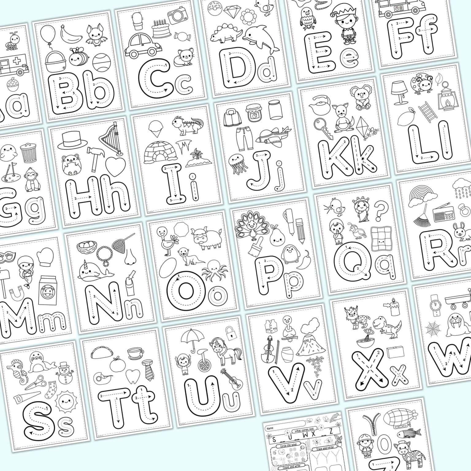 A collection of alphabet coloring pages featuring letters A through Z, accompanied by various illustrations to support teaching letter sounds and provide free printable alphabet worksheets for learning letters.
