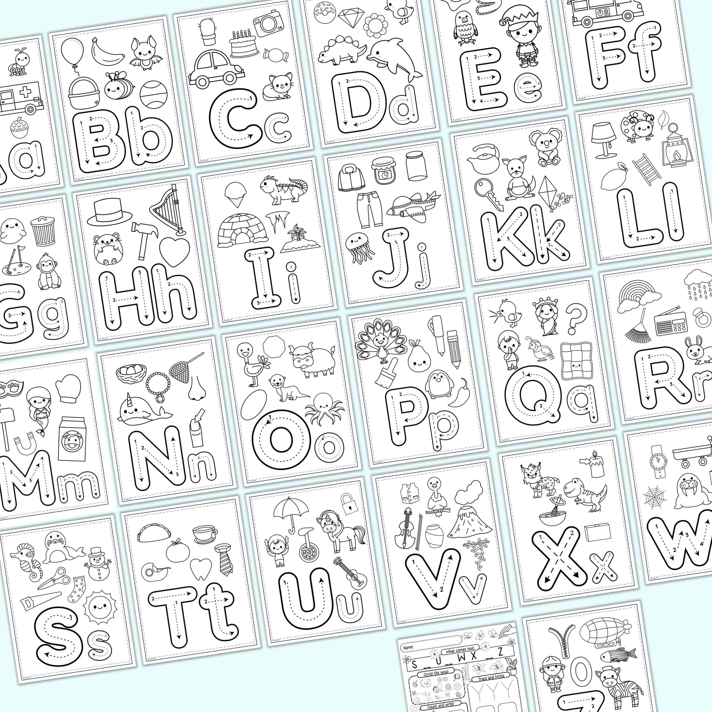 A collection of alphabet coloring pages featuring letters A through Z, accompanied by various illustrations to support teaching letter sounds and provide free printable alphabet worksheets for learning letters.
