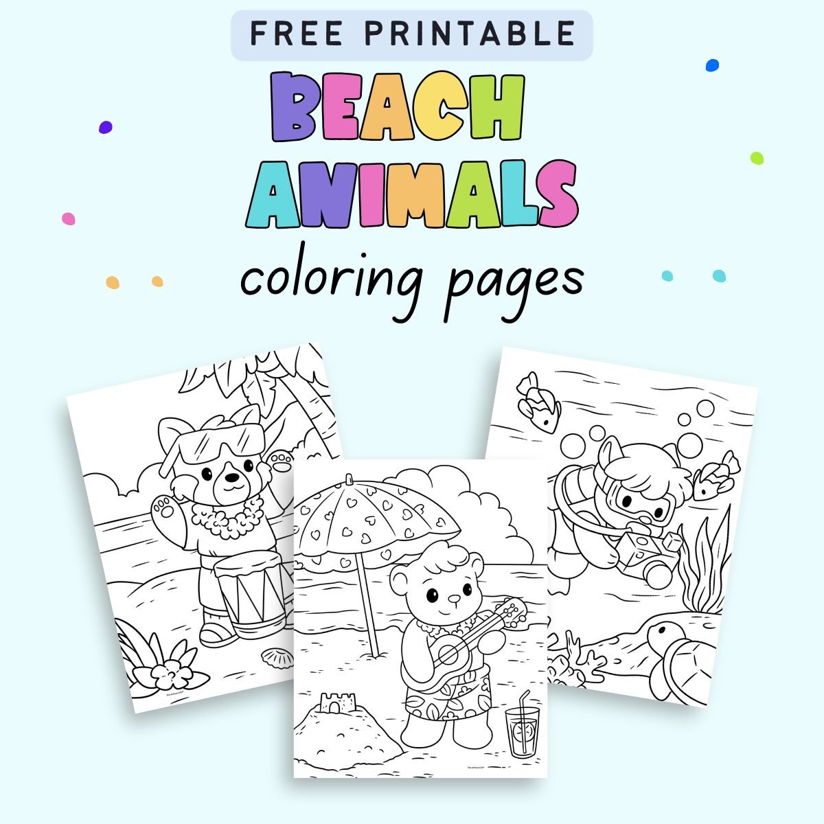 text "free printable beach animals coloring pages" with a preview of three beach animal coloring sheets