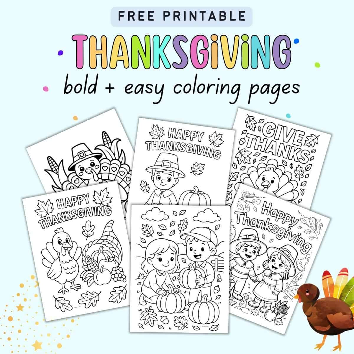 A collection of printable Thanksgiving coloring pages featuring turkeys, pumpkins, and festive characters, designed for kids' Thanksgiving coloring activities.