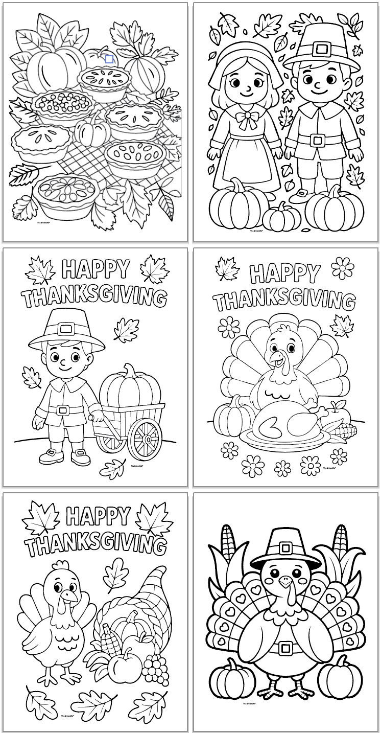 A collection of six Thanksgiving-themed coloring pages featuring images of pumpkins, pies, a turkey, and children dressed in pilgrim attire, labeled "Happy Thanksgiving."
