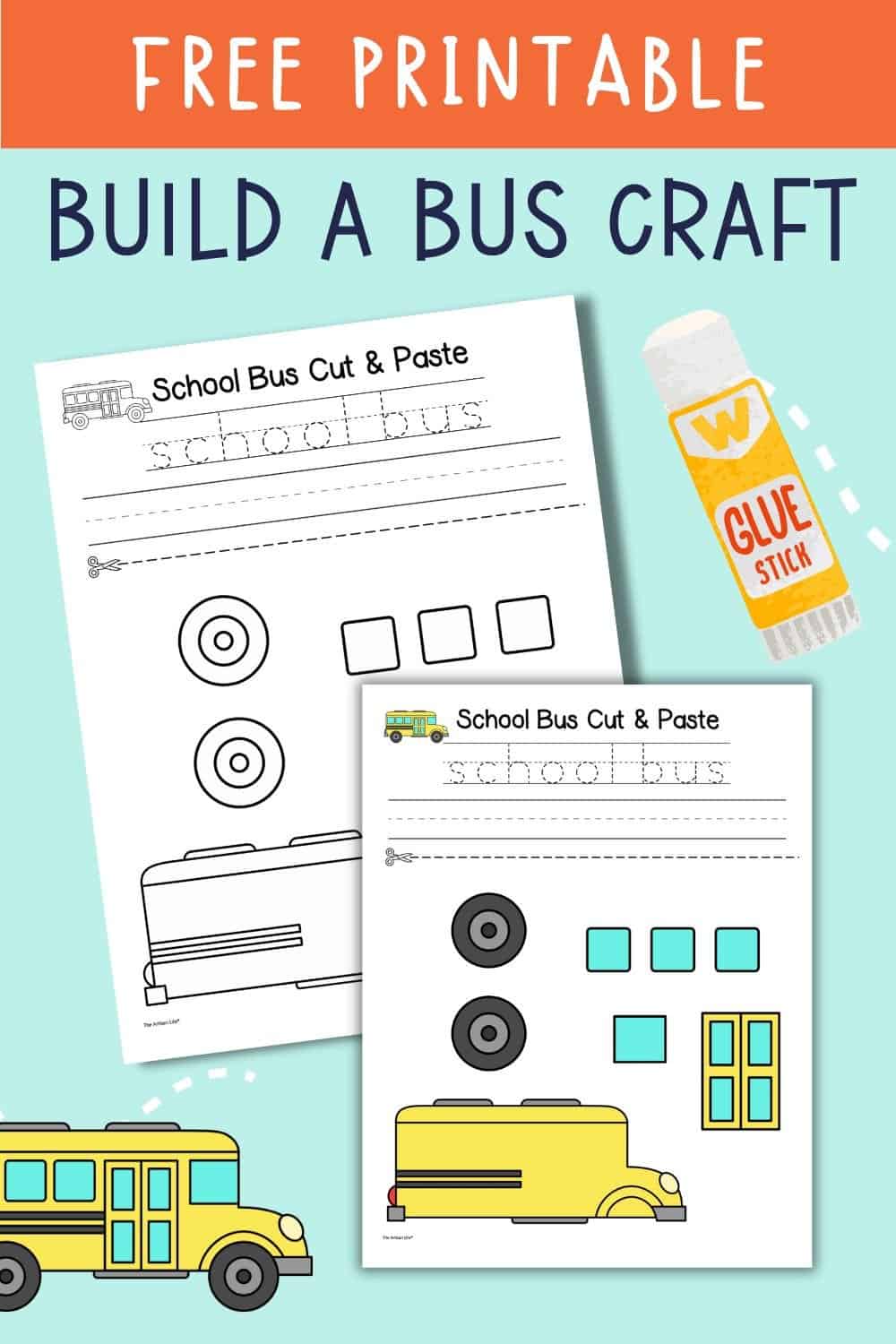 A colorful printable school bus craft template featuring cut-and-paste activities, including wheels and windows, designed for preschool transportation crafts and back to school projects.
