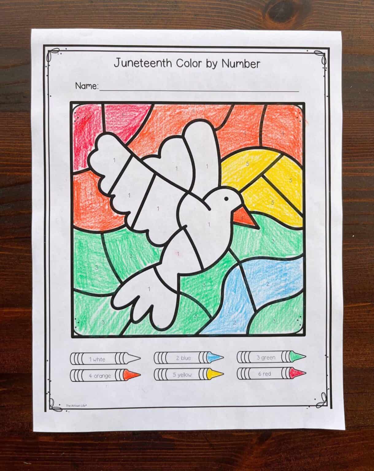 a colored Juneteenth color by number page showing a dove flying