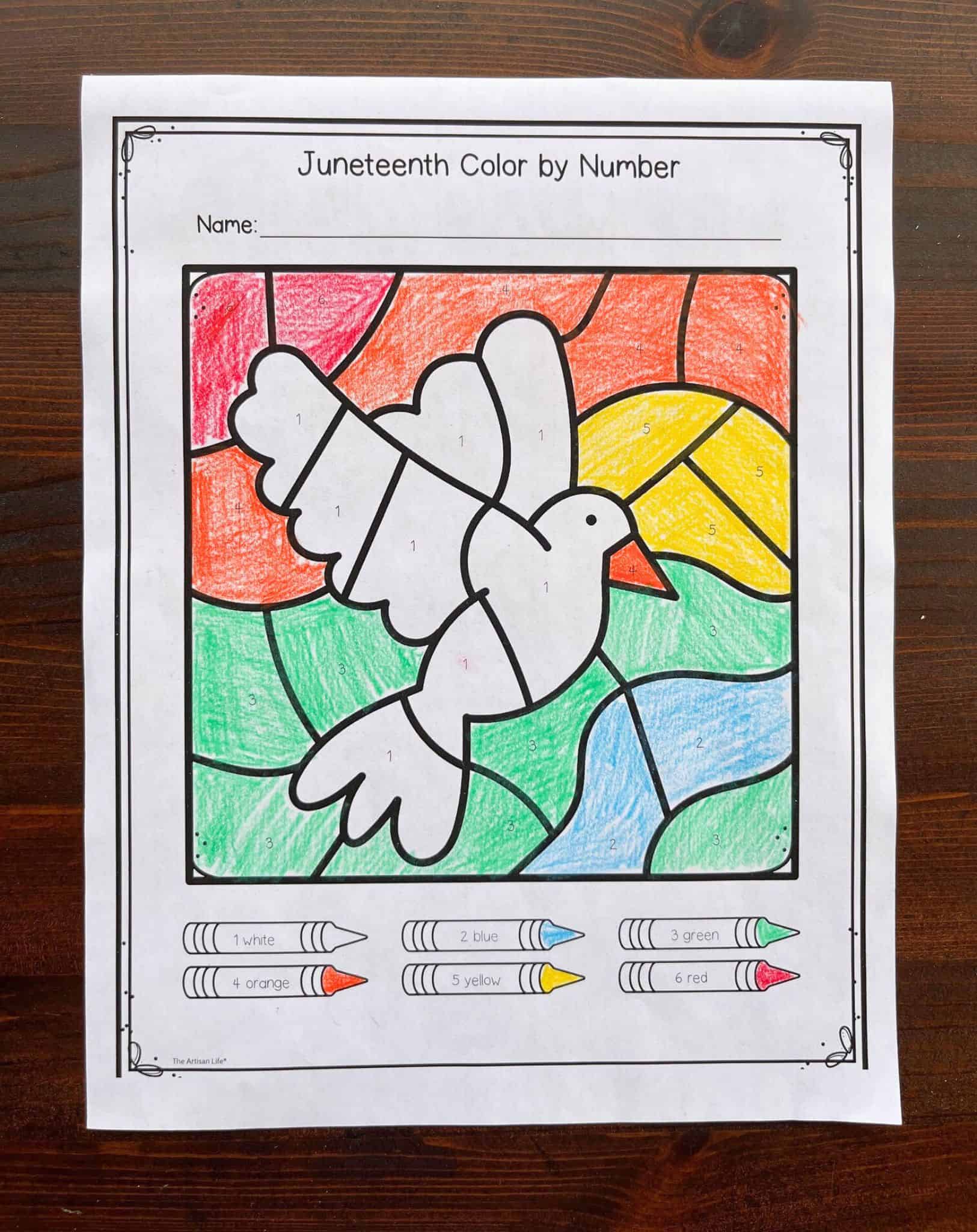 a colored Juneteenth color by number page showing a dove flying