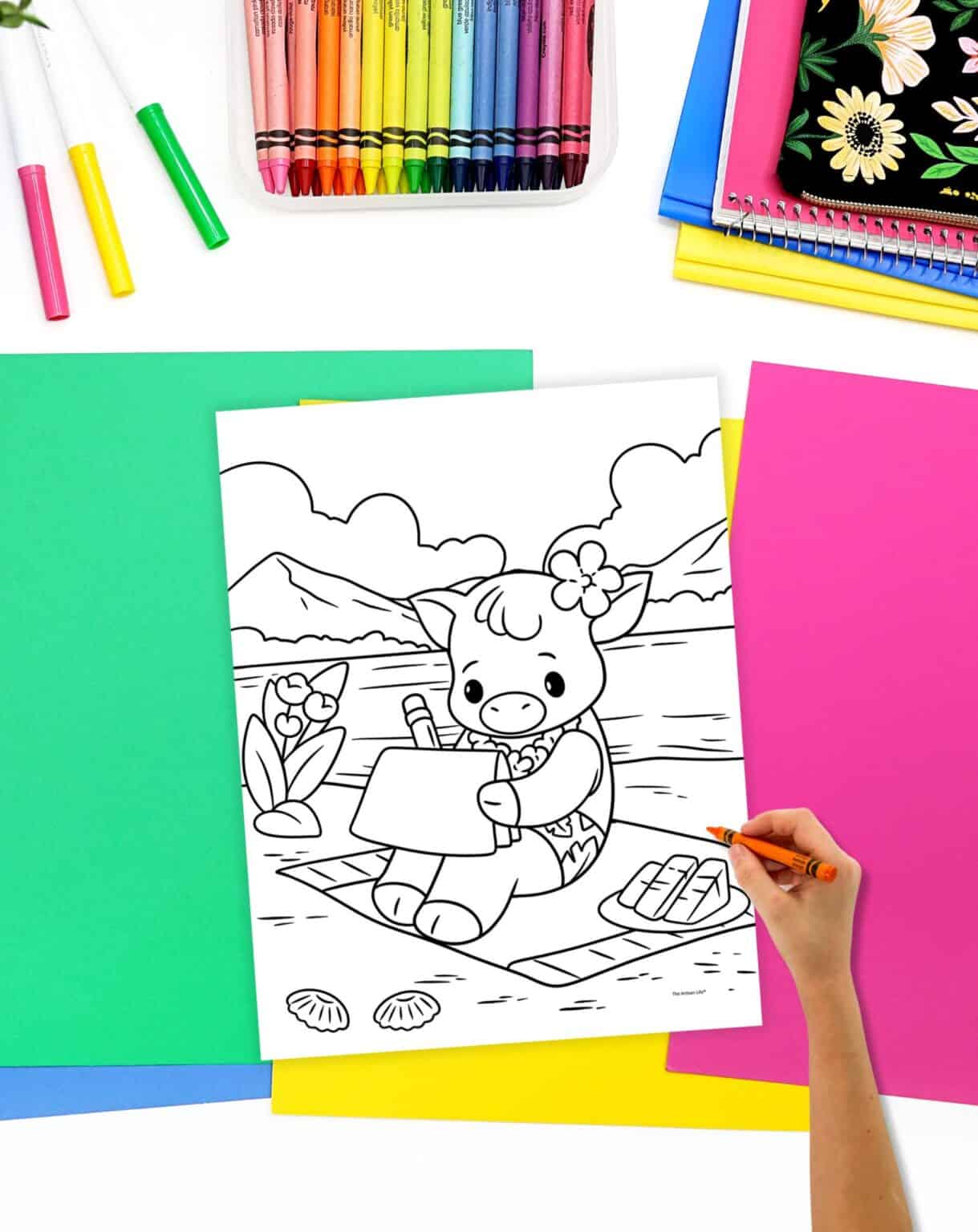 A bold and easy style coloring page showing a cute animal on the bech in Hawaii. a hand is holding an orange crayon, ready to color