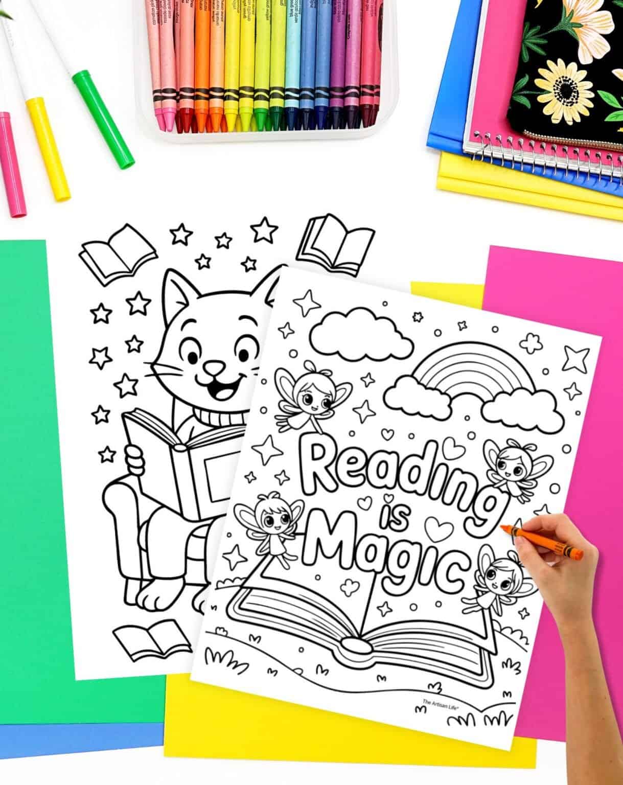 two reading coloring pages about to be colored by a hand holding an orange crayon.