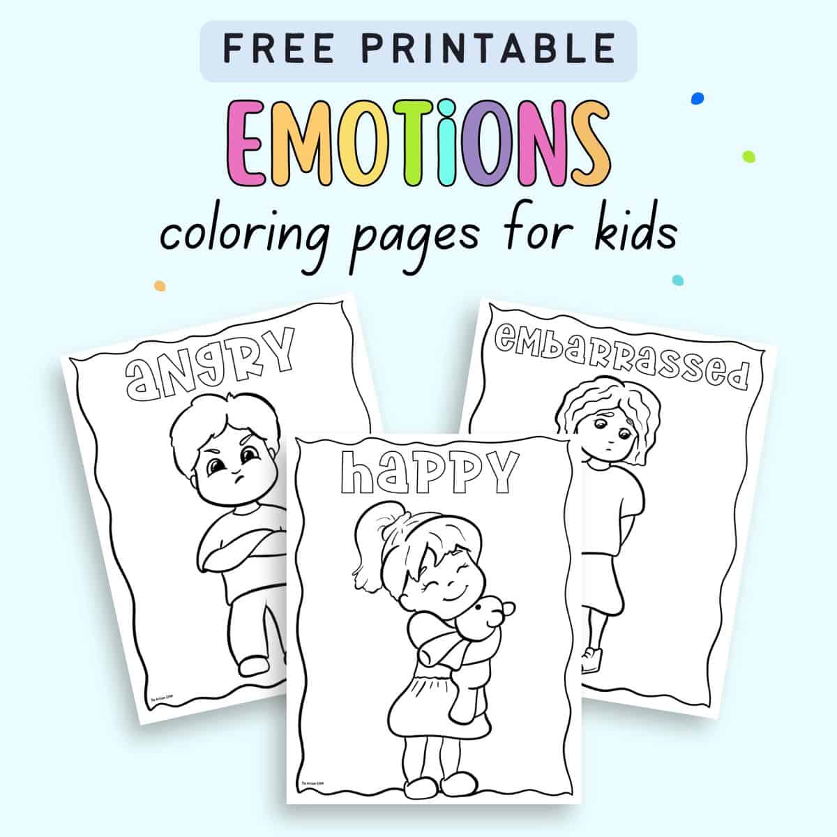 text "free printable emotions coloring pages for kids" with a preview of three emotions and feelings coloring pages