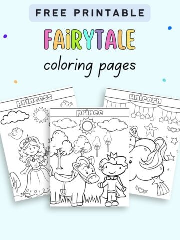 A collection of free printable fairy tale coloring pages featuring a princess, a prince with a horse, and a unicorn, designed for kids' creativity and engagement in fairy tale activities.
