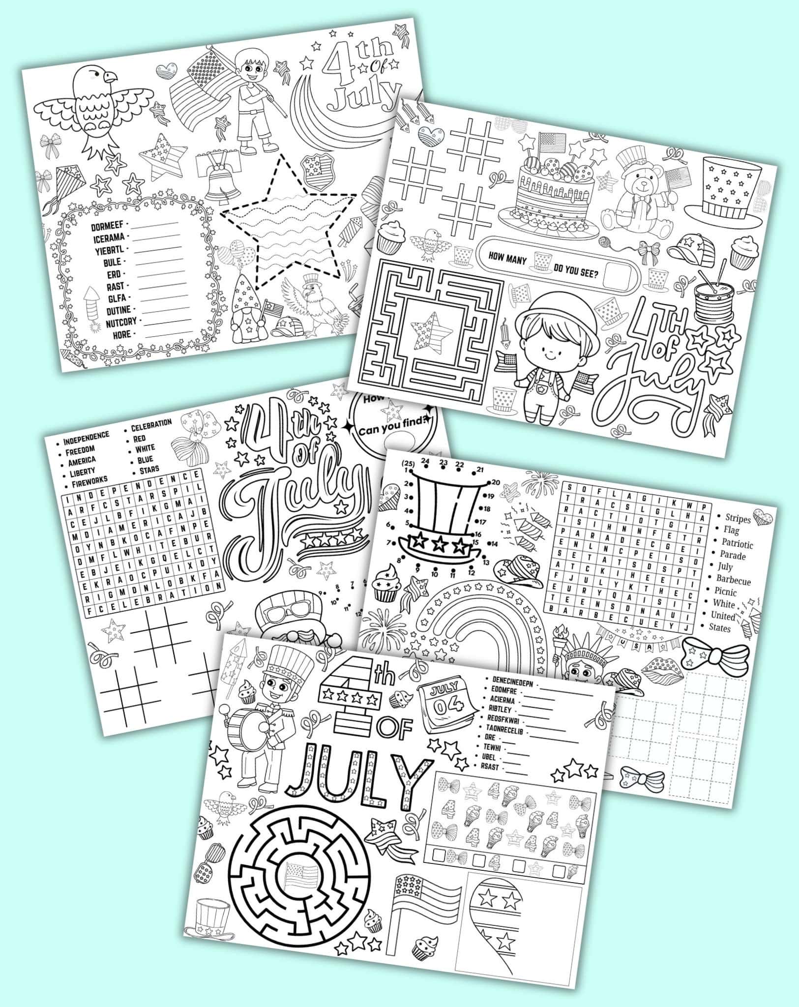 five Fourth of July themed activity placemats