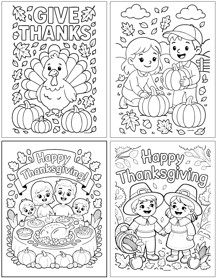 A collection of Thanksgiving-themed coloring pages featuring a turkey, children carving pumpkins, and a festive dinner scene, designed for kids' Thanksgiving coloring activities.
