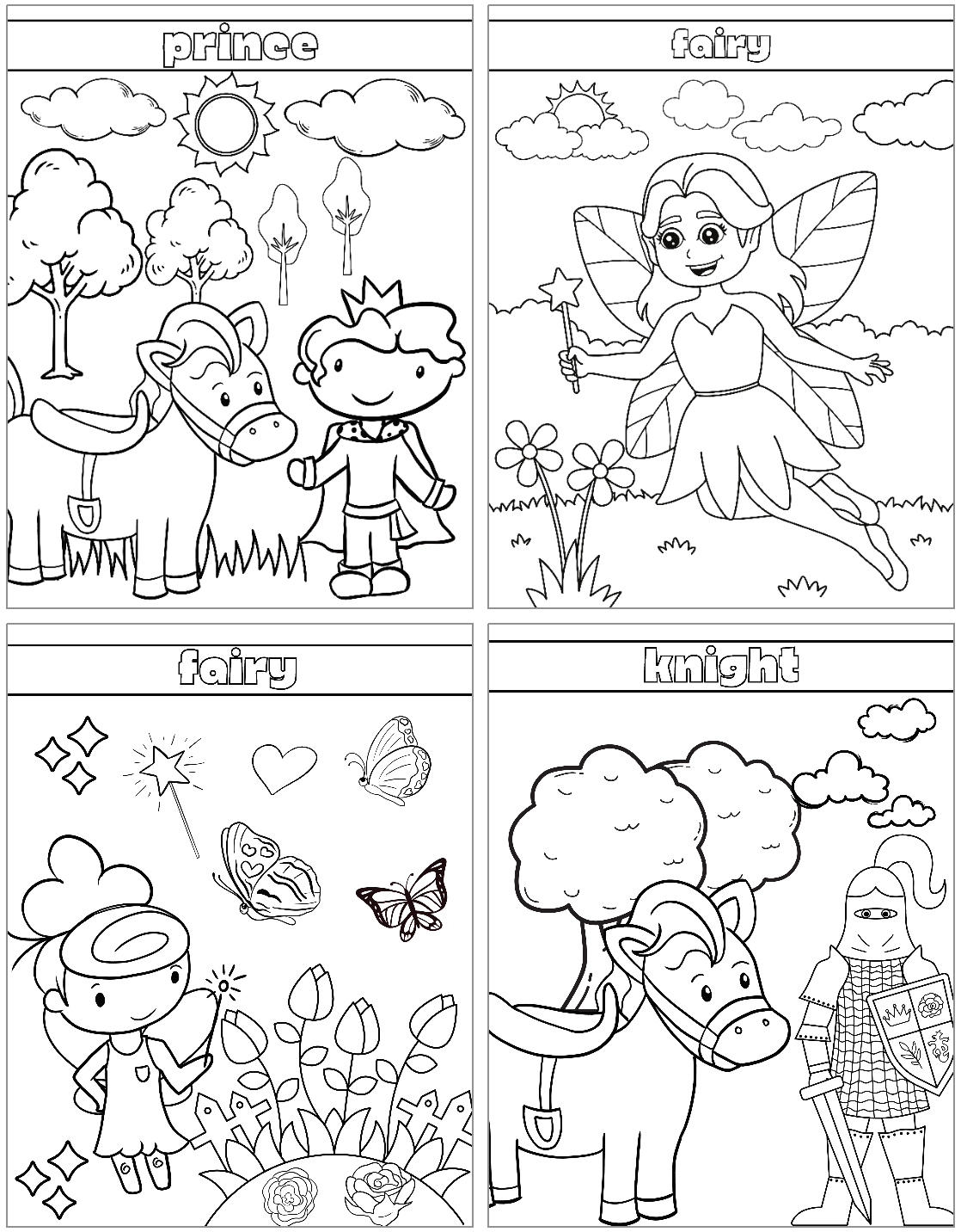 A collection of four black and white coloring pages featuring a prince with a horse, a fairy, whimsical fairy elements, and a knight with a horse, designed for kids as part of fairy tales coloring pages and activities.
