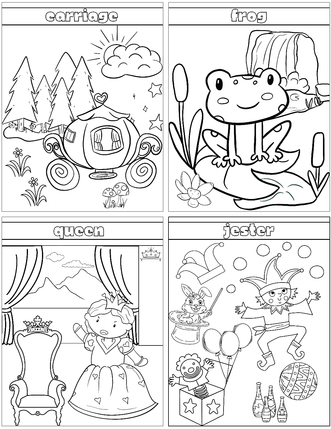 A collection of four coloring page designs featuring a fairy tale carriage, a frog by a waterfall, a queen in a royal setting, and a jester with various props.
