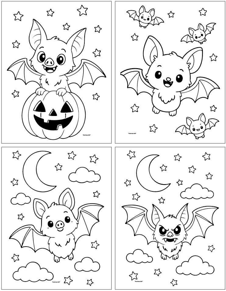 A collection of four bat coloring pages featuring cute bats, a bat on a pumpkin, and various nighttime elements like moons and clouds, suitable for Halloween coloring activities.
