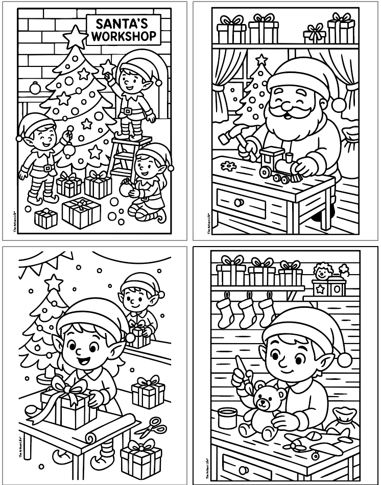 Four black-and-white coloring pages featuring Christmas themes, including "Santa's Workshop" with elves and Santa Claus, suitable for free printable Christmas coloring activities.
