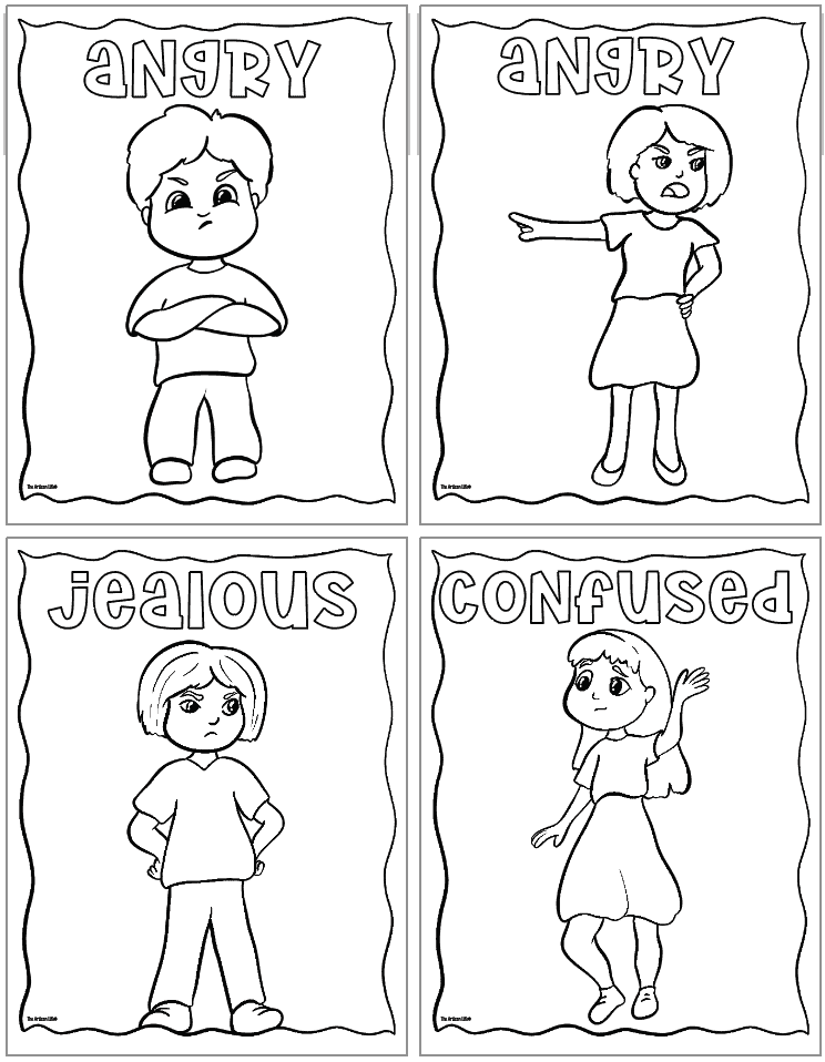 four emotions and feelings coloring pages showing children expressing various emotions