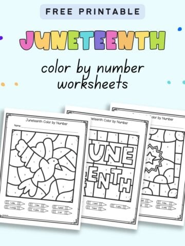 text "free printable Juneteenth color by number worksheets" with a preview of three color by number pages with a Juneteenth theme