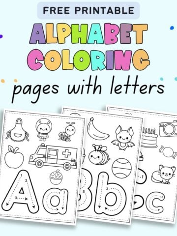 A collection of three printable alphabet coloring pages featuring letters and associated images, designed for teaching letter sounds and learning letters.