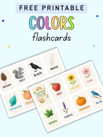 A graphic featuring free printable color flashcards for preschoolers, displaying color word cards with illustrations for various colors such as brown, grey, black, white, turquoise, peach, red, yellow, pink, green, purple, orange, and blue.
