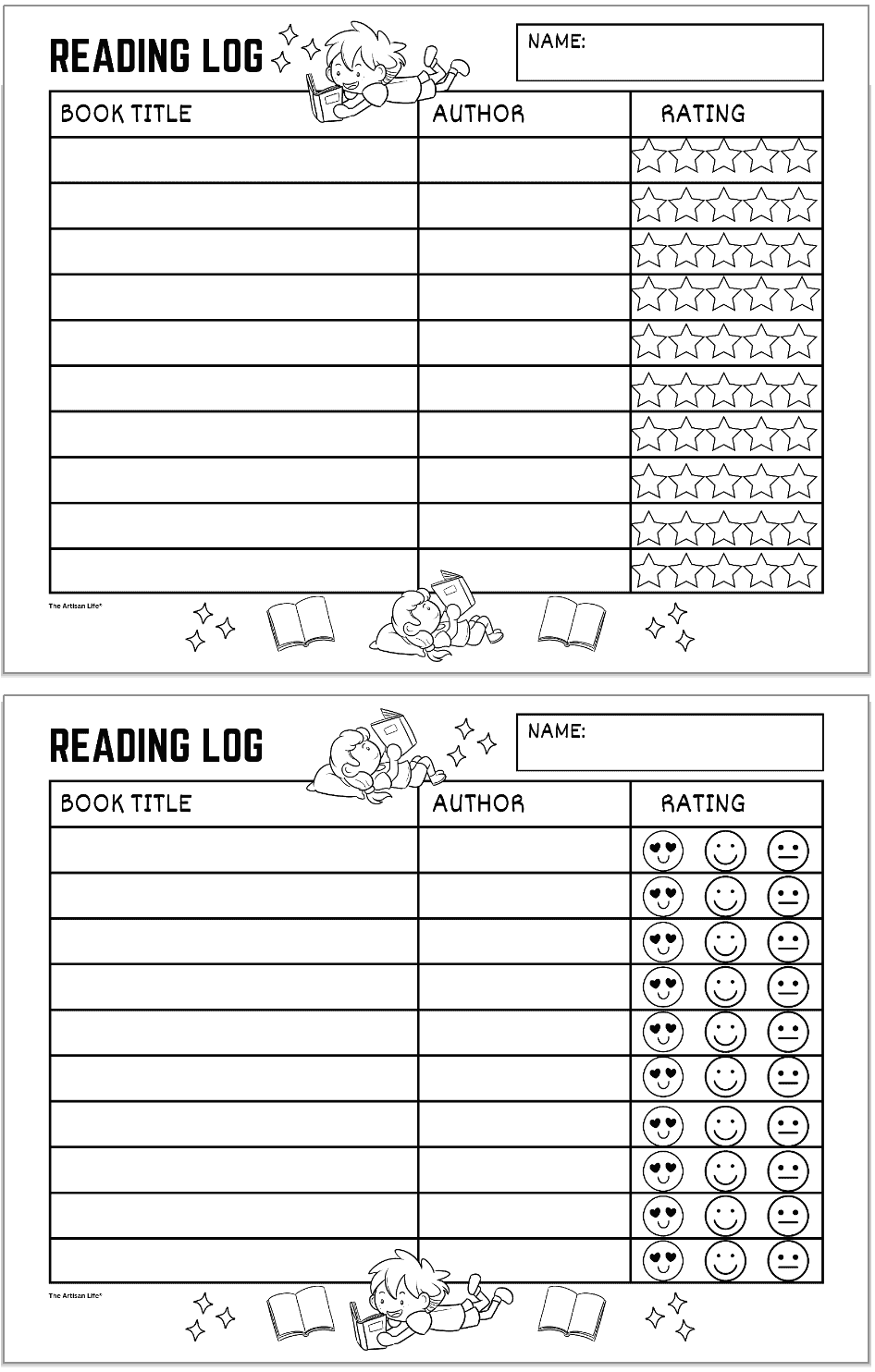 two reading trackers for kids showing space to write a book title, author, and rating