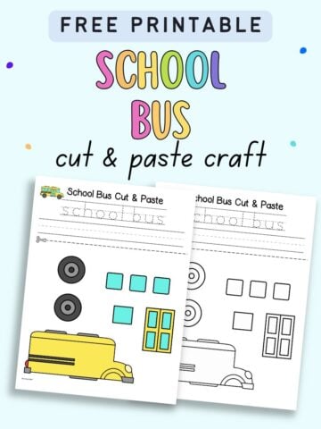 text "free printable school bus cut and paste craft" with a. preview of a color and a black and white school bus craft