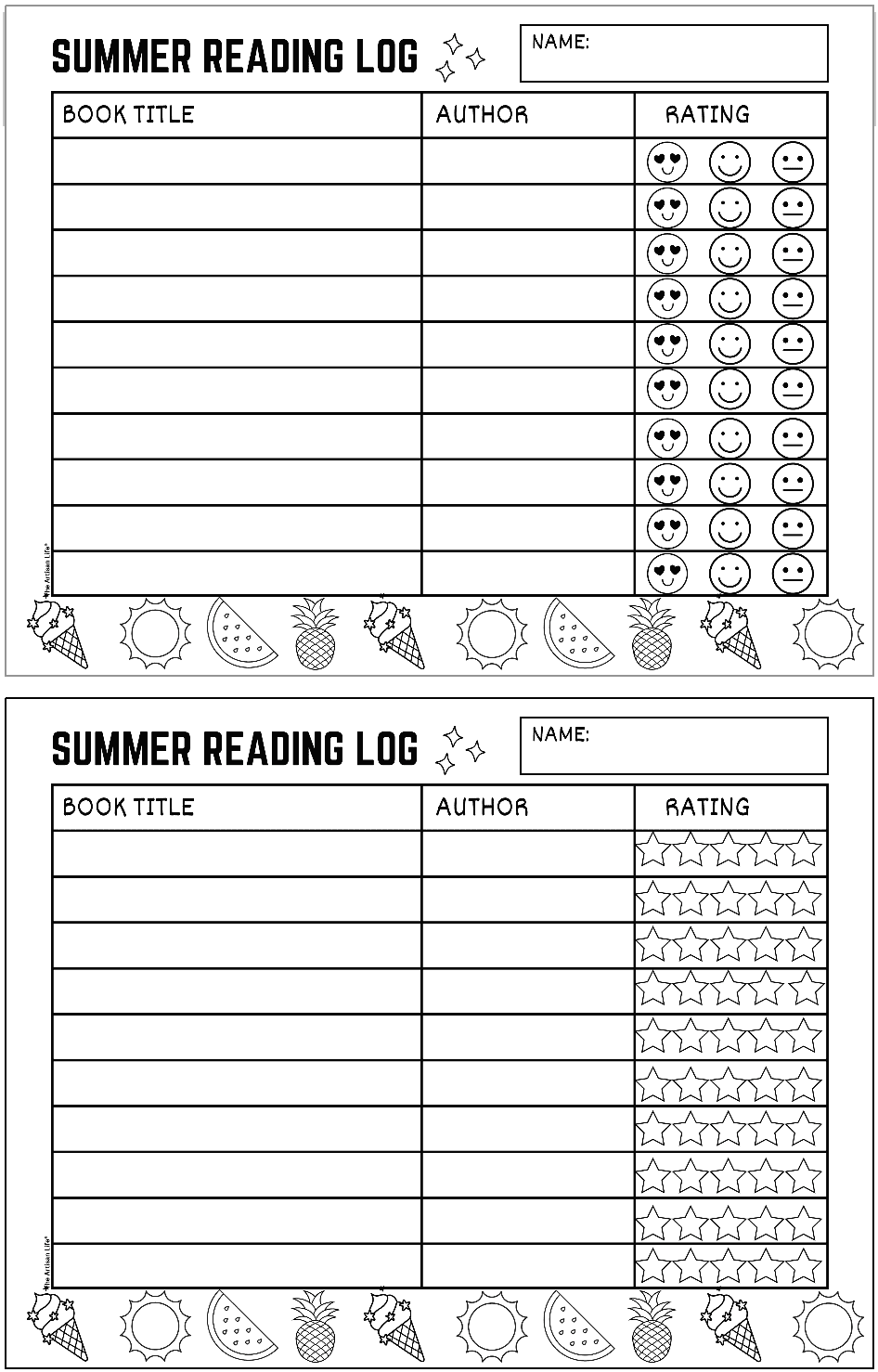 two summer reading trackers for kids showing space to write a book title, author, and rating