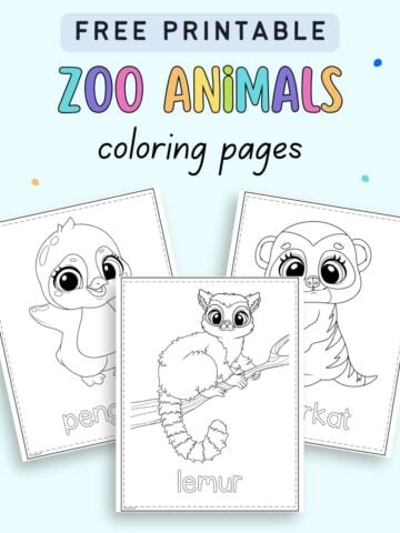 text "free printable zoo animals coloring pages" with a preview of three zoo animal coloring sheets