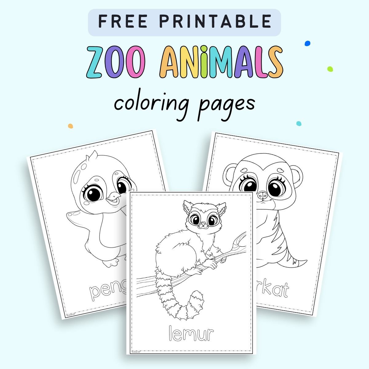 text "free printable zoo animals coloring pages" with a preview of three zoo animal coloring sheets