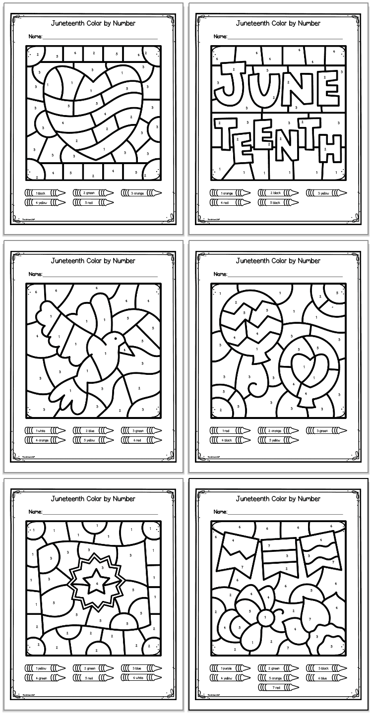 six color by number pages with a a Juneteenth theme