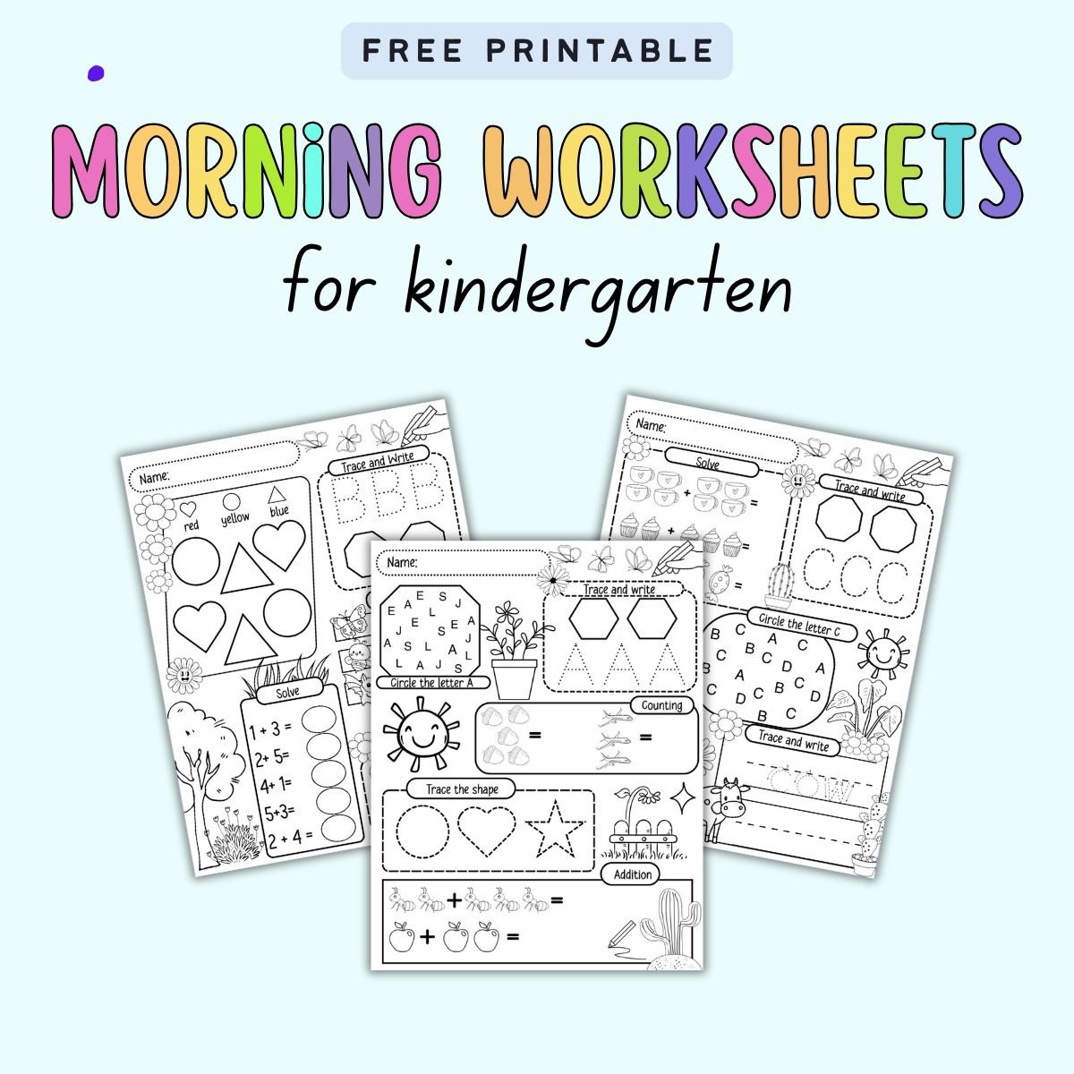 A collection of three printable worksheets designed for kindergarten morning work, featuring activities such as tracing, counting, and basic addition, ideal for morning math and homeschooling.
