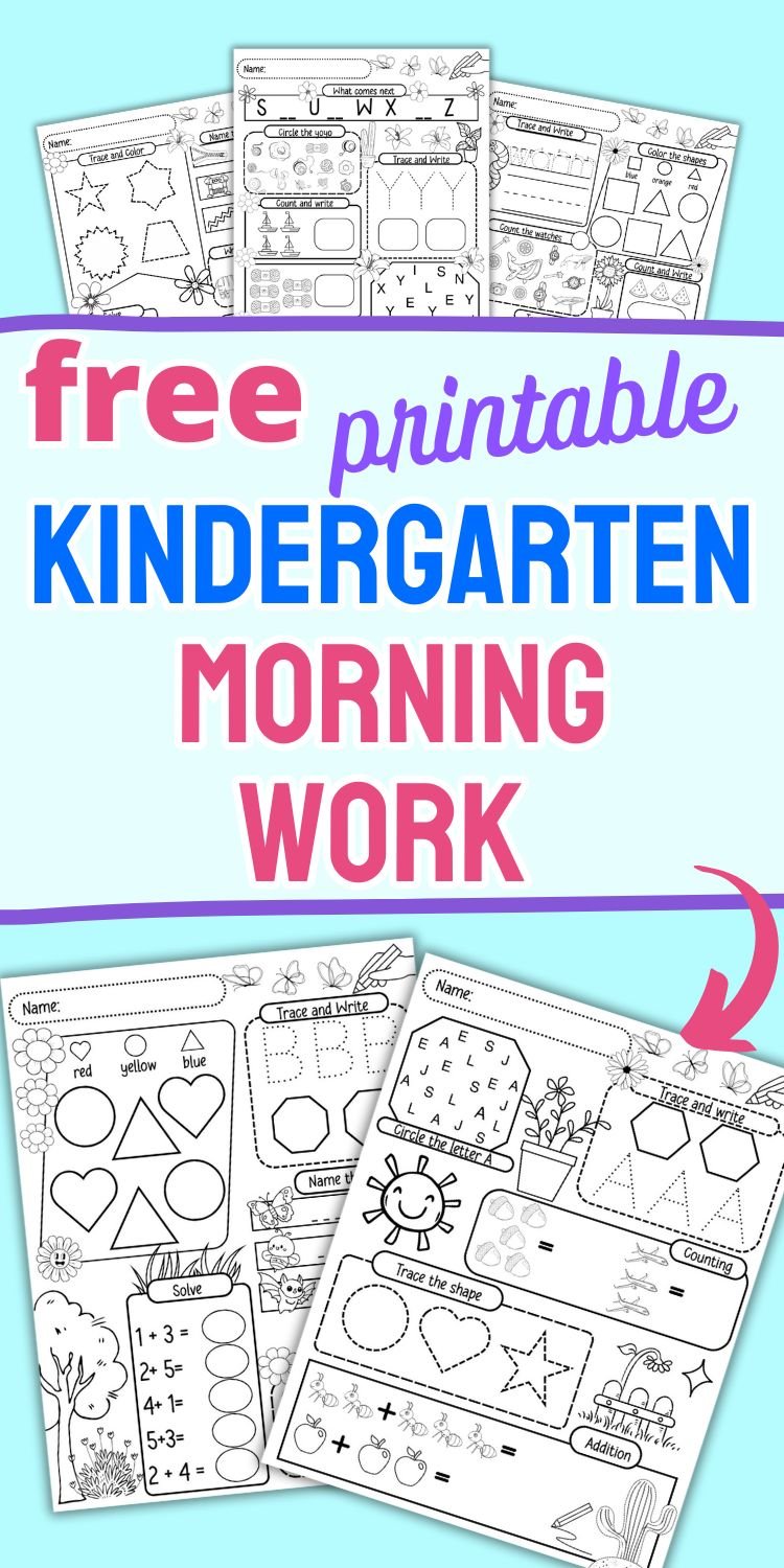 A collection of free printable kindergarten worksheets designed for morning work activities, featuring tasks such as tracing, counting, and shape recognition, suitable for morning math and homeschooling.
