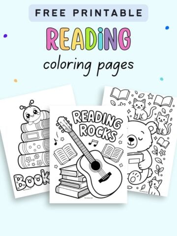 text "free printable reading coloring pages" with a preview of three reading coloring pages for kids