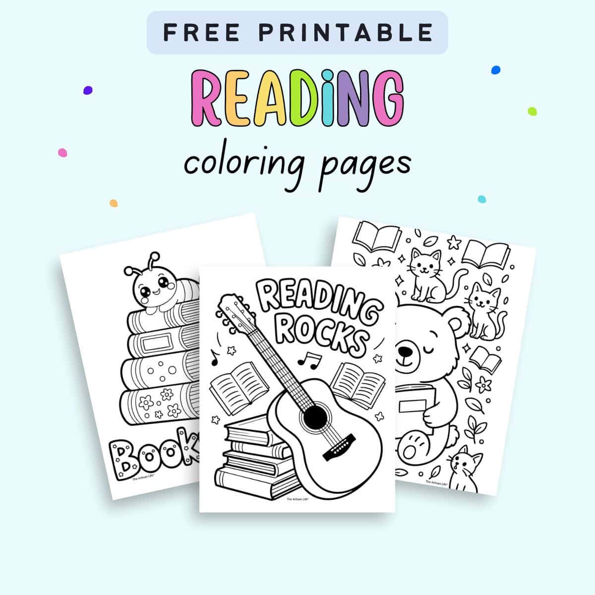 text "free printable reading coloring pages" with a preview of three reading coloring pages for kids