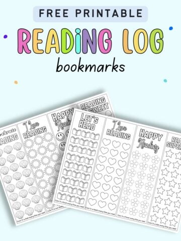 text "free printable reading log bookmarks' with a preview of two pages of printable reading bookmark