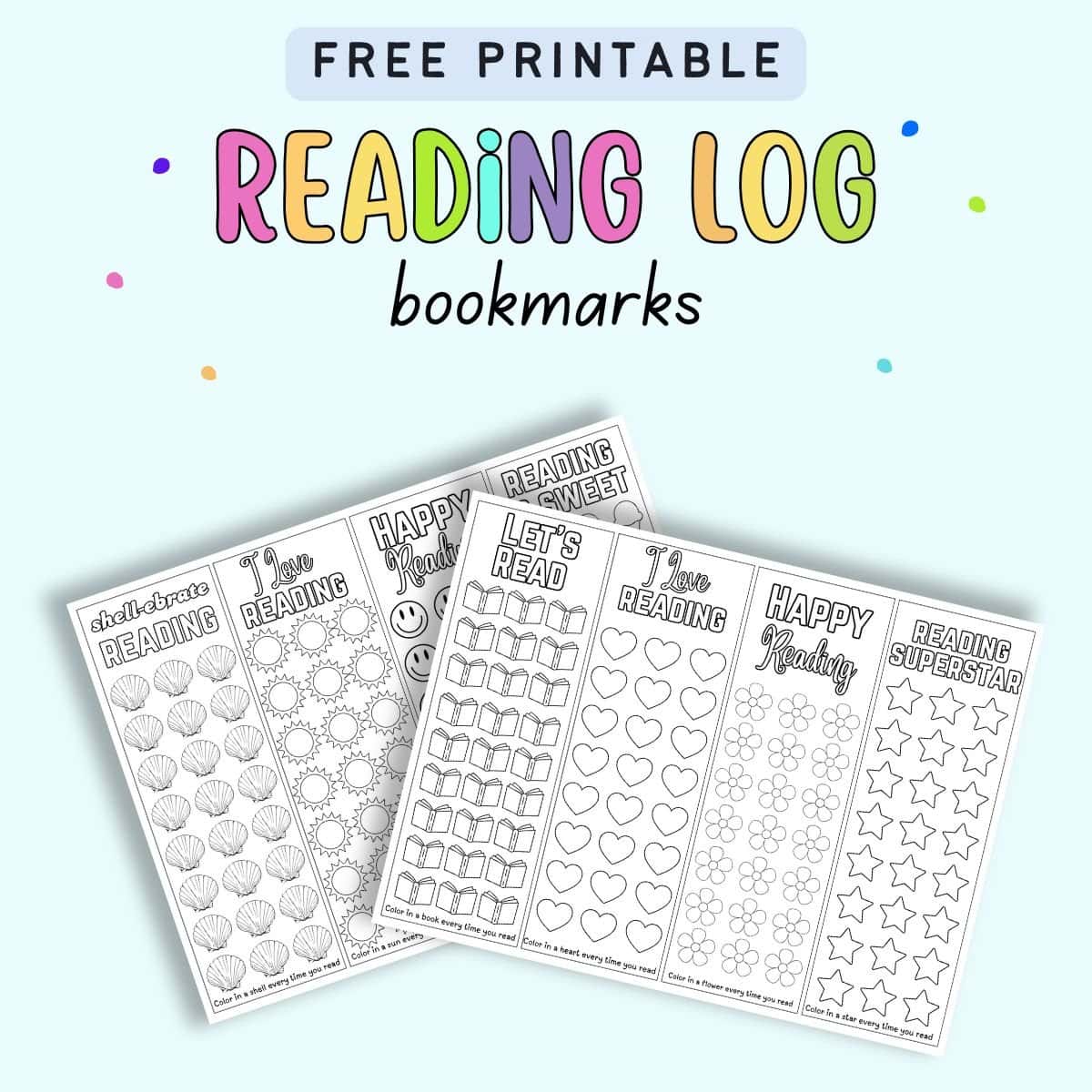 text "free printable reading log bookmarks' with a preview of two pages of printable reading bookmark
