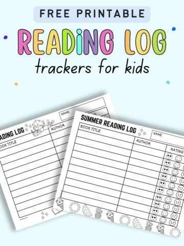 text "free printable reading log trackers for kids" with a preview of two reading tracker printables