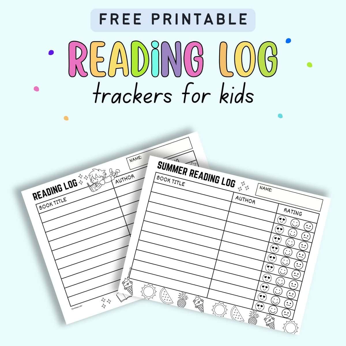 text "free printable reading log trackers for kids" with a preview of two reading tracker printables