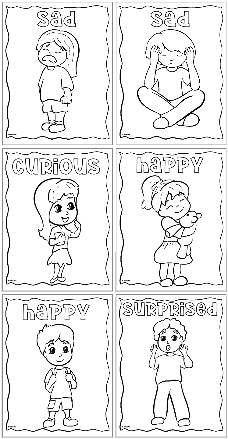 six emotions and feelings coloring pages showing children expressing various emotions