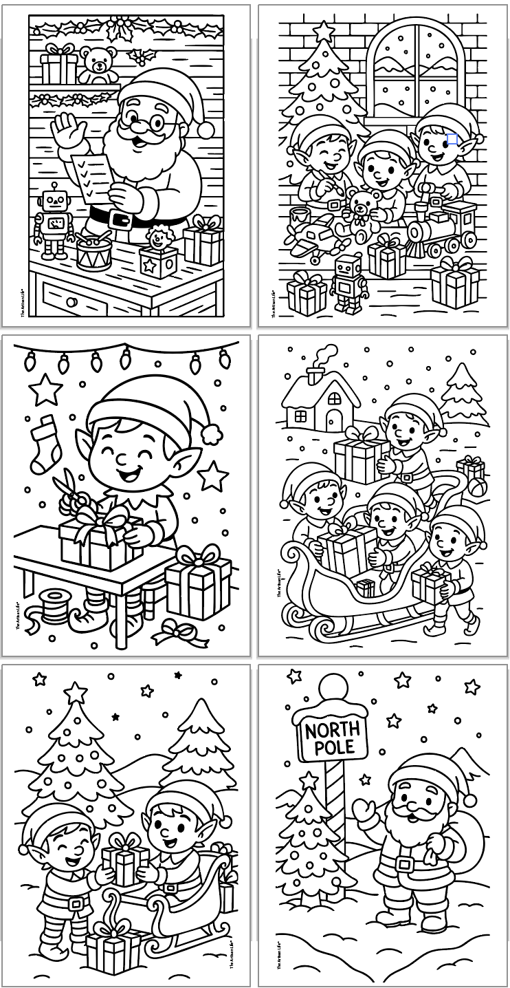 A collage of black-and-white illustrations featuring Christmas-themed scenes, including Santa Claus, elves, gifts, and festive decorations, designed as free printable coloring pages for holiday activities.
