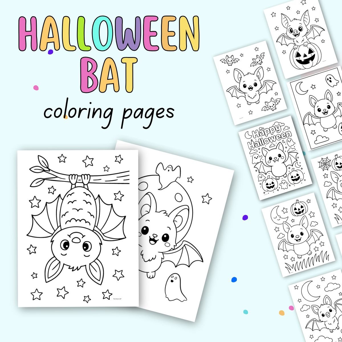 A collection of bat coloring pages featuring cute bat illustrations and Halloween-themed designs, including free printable options for coloring activities.