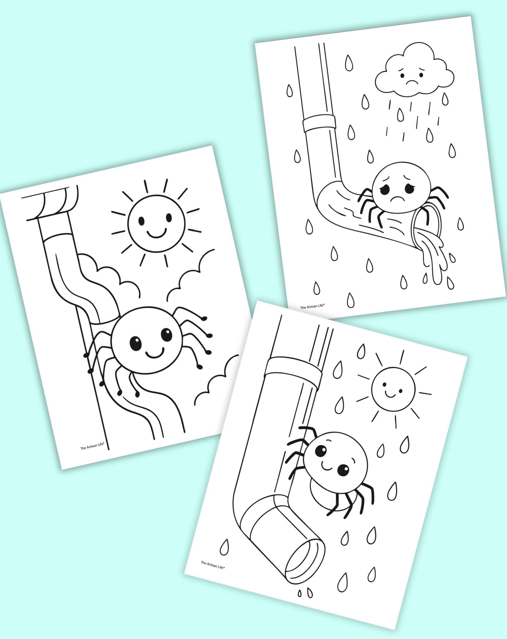 Three black-and-white coloring pages feature a cartoon spider interacting with pipes, clouds, and suns, suitable for itsy bitsy spider activities and preschool crafts.

