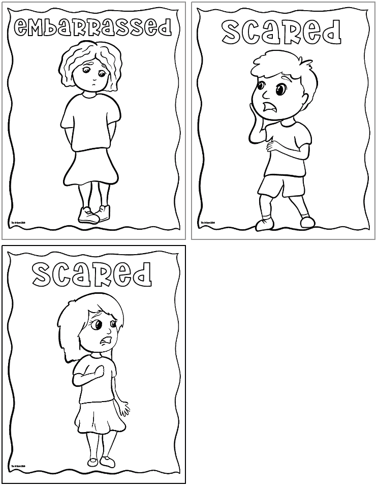 three emotions and feelings coloring pages showing children expressing various emotions