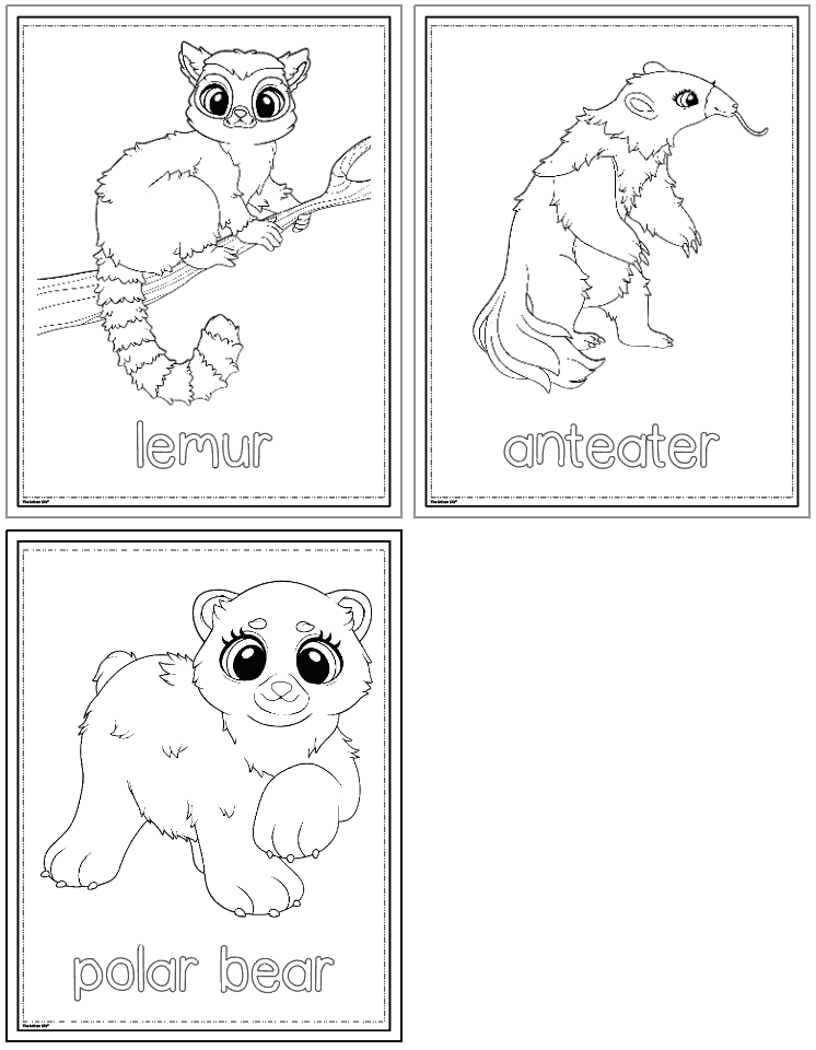 three zoo animal coloring pages including a lemur, anteater, and polar bear
