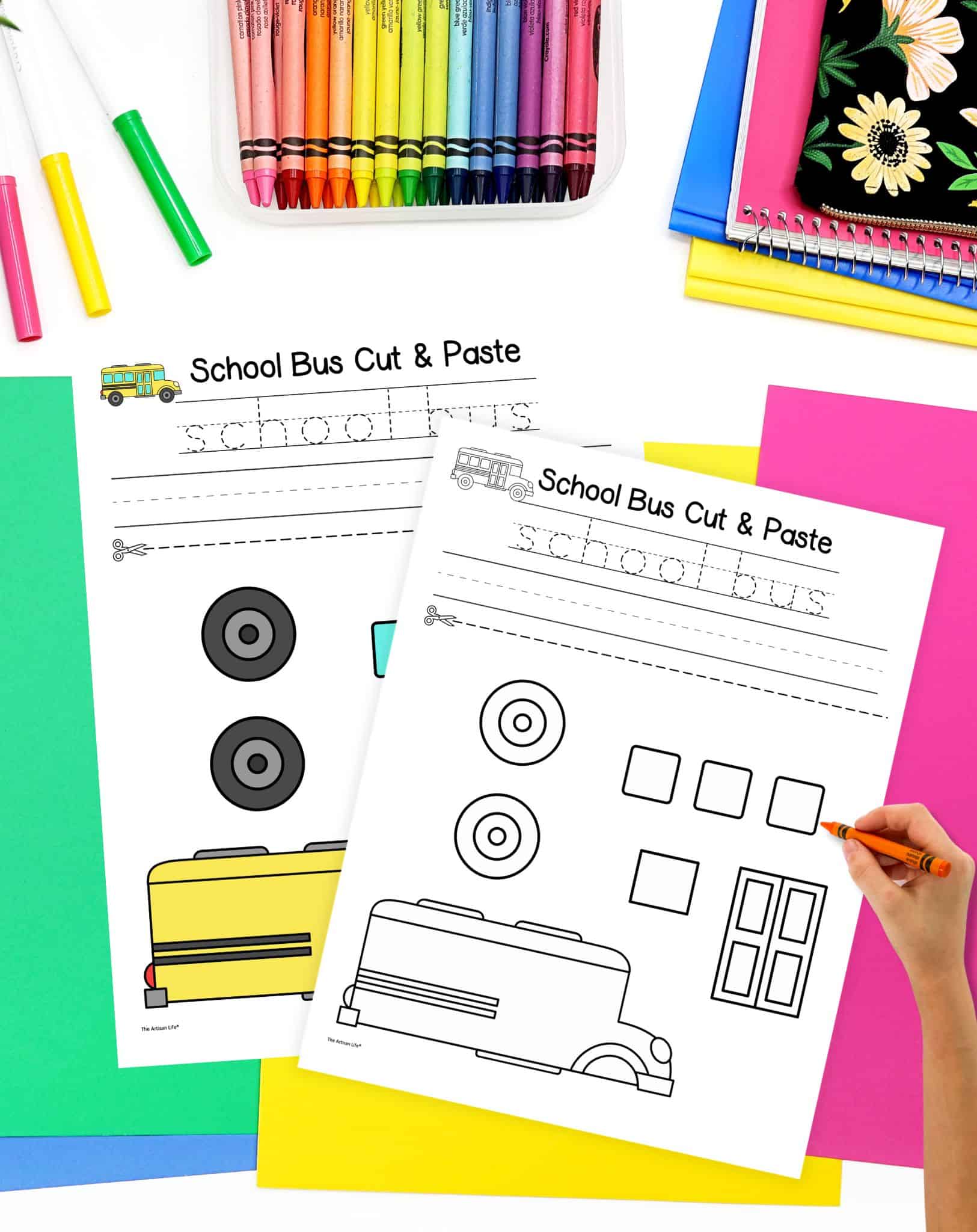 A printable school bus craft template featuring cut and paste elements including a yellow bus, wheels, and windows, designed for preschool transportation crafts and back to school activities.
