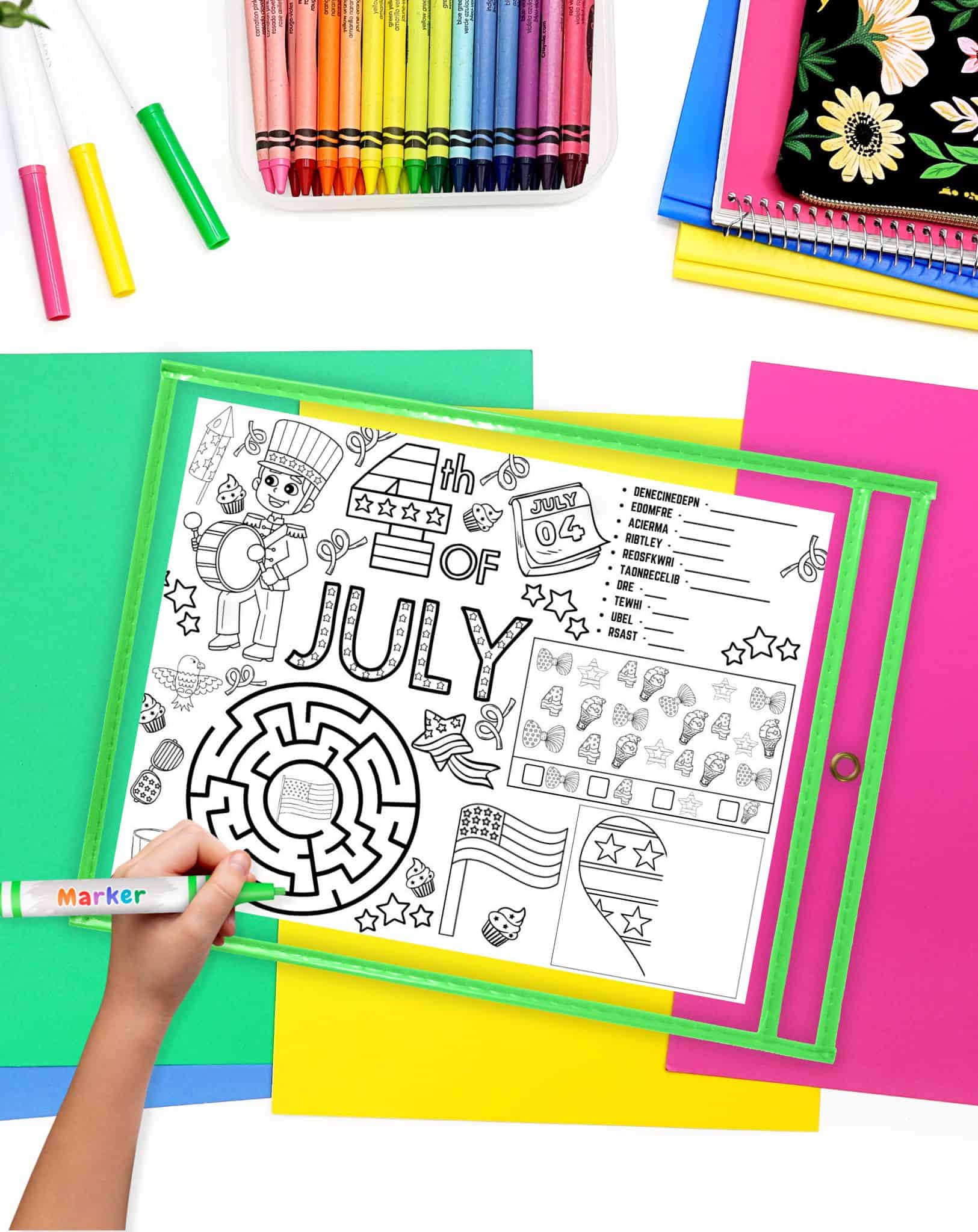 A 4th of July activity placemat in a dry erase pocket for repeated use